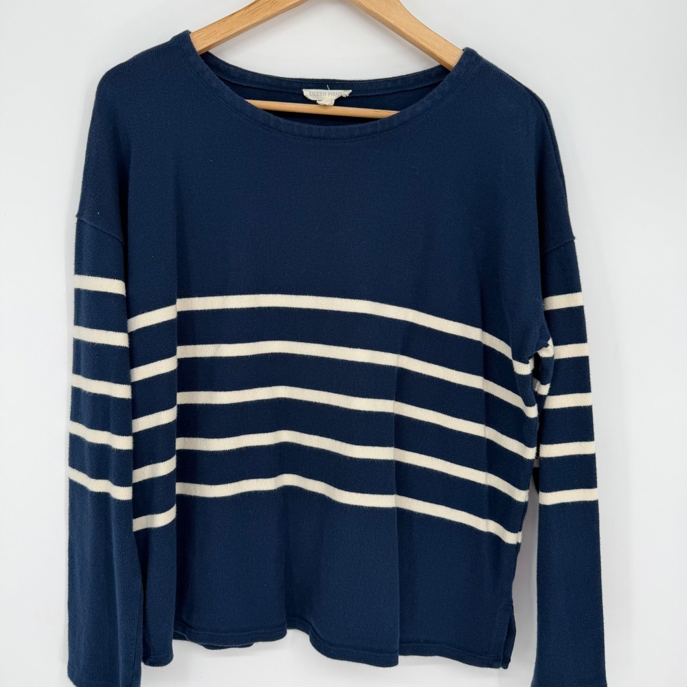 Eileen Fisher Sweater Navy White Peruvian Striped Coastal Organic Cotton Medium